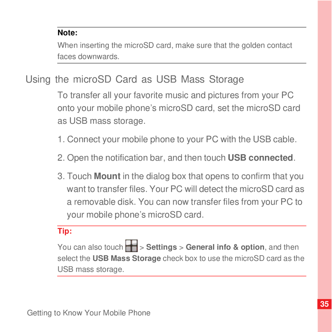 Huawei U8100 manual Using the microSD Card as USB Mass Storage, Tip 