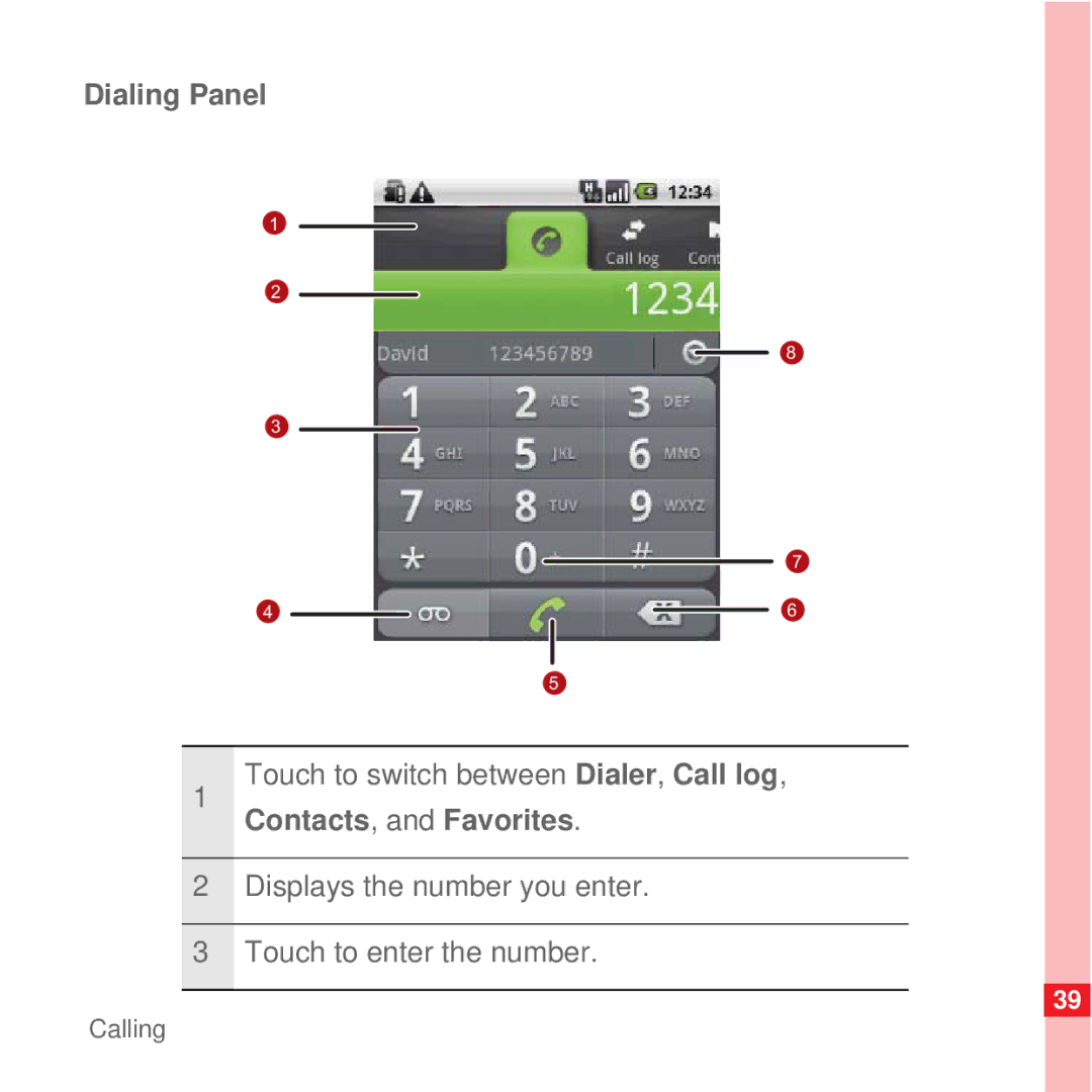 Huawei U8100 manual Dialing Panel, Touch to switch between Dialer, Call log, Contacts, and Favorites 