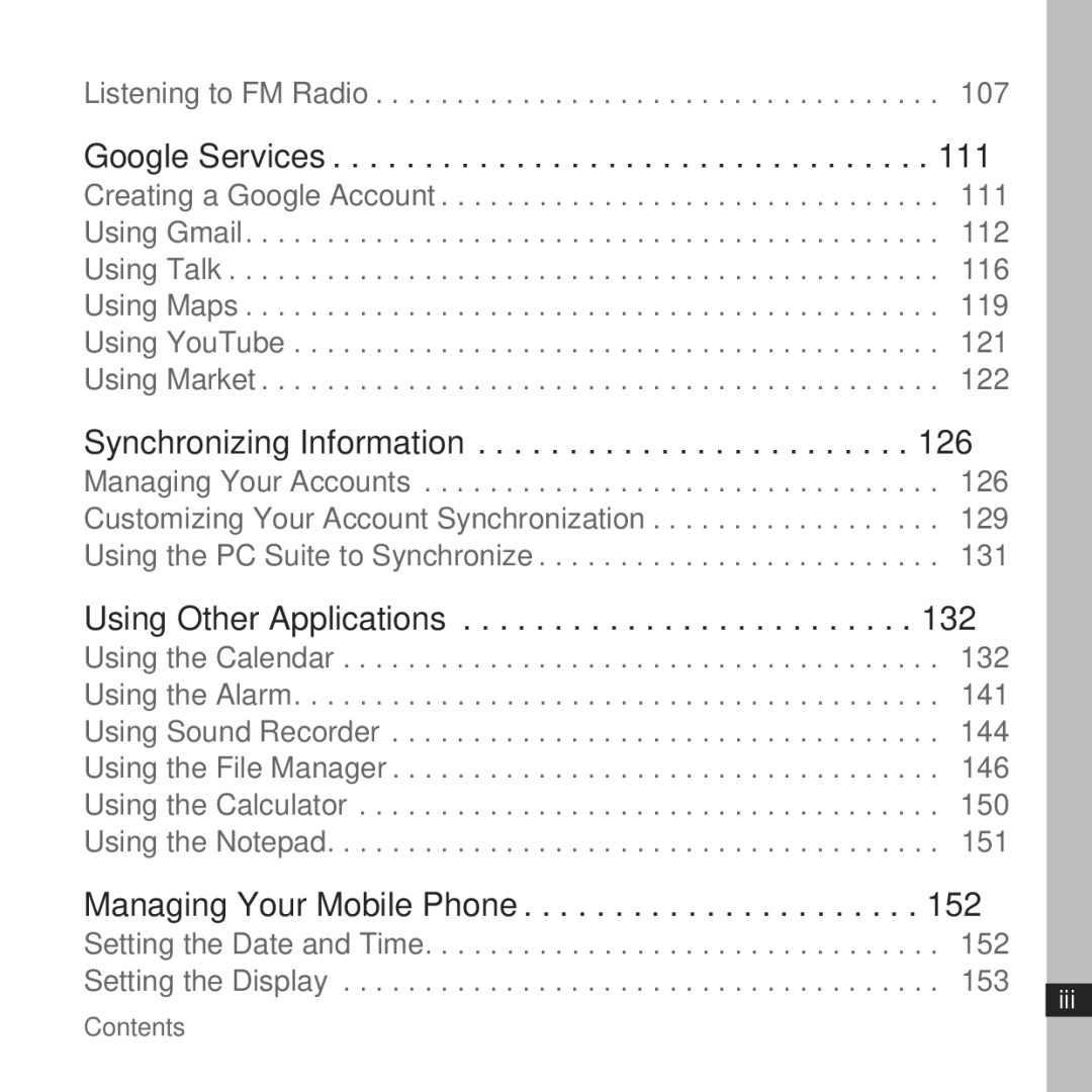 Huawei U8100 manual Listening to FM Radio, Setting the Date and Time 152 Setting the Display 153 