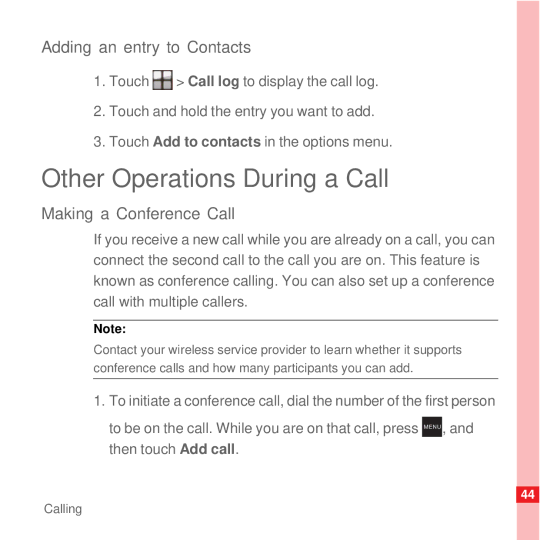 Huawei U8100 manual Other Operations During a Call, Adding an entry to Contacts, Making a Conference Call 