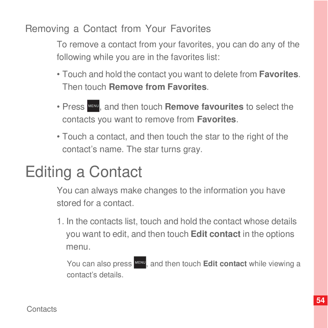 Huawei U8100 manual Editing a Contact, Removing a Contact from Your Favorites 