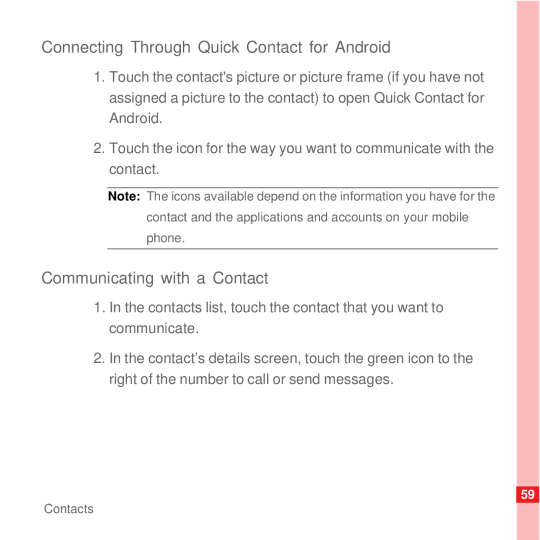 Huawei U8100 manual Connecting Through Quick Contact for Android, Communicating with a Contact 