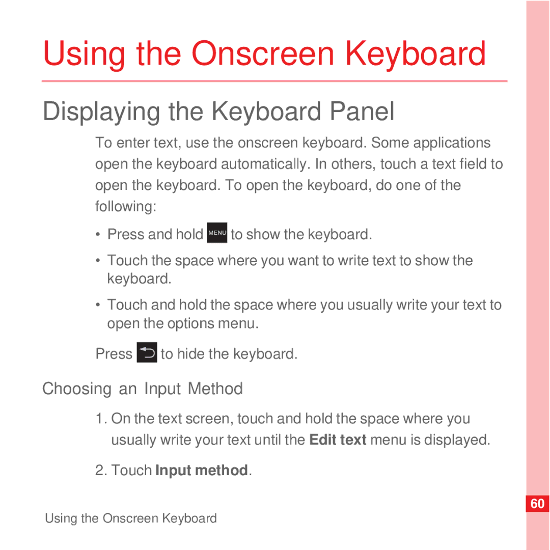 Huawei U8100 Using the Onscreen Keyboard, Displaying the Keyboard Panel, Choosing an Input Method, Touch Input method 