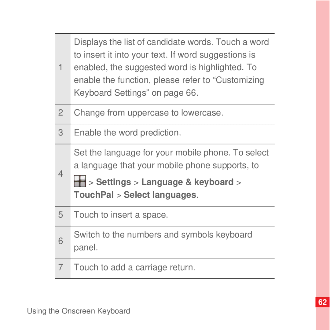 Huawei U8100 manual Settings Language & keyboard TouchPal Select languages 