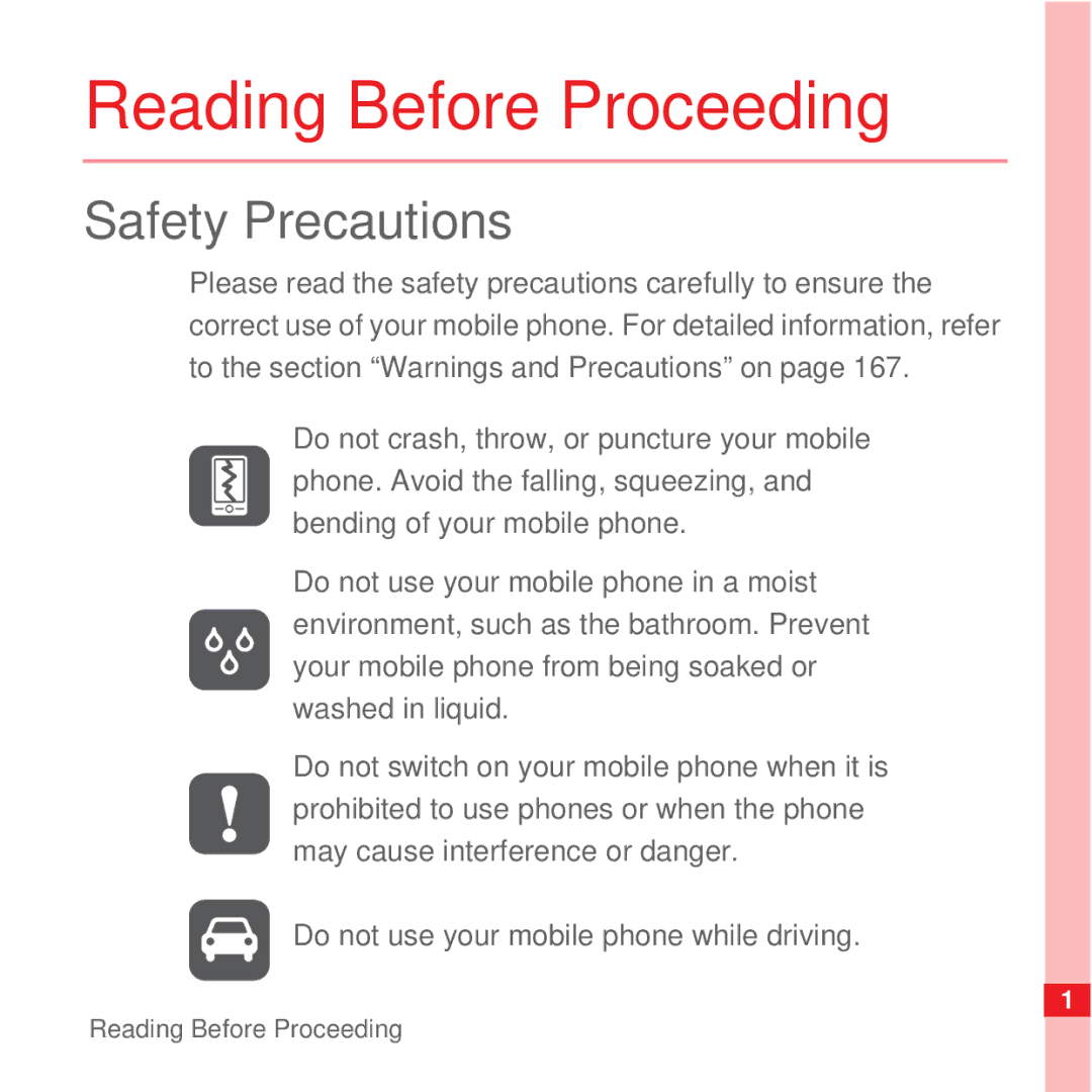 Huawei U8100 manual Reading Before Proceeding, Safety Precautions 