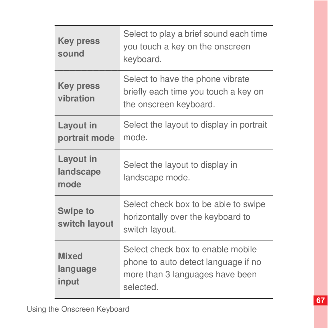 Huawei U8100 Key press, Sound, Vibration, Layout, Portrait mode, Landscape, Mode, Swipe to, Switch layout, Mixed, Language 