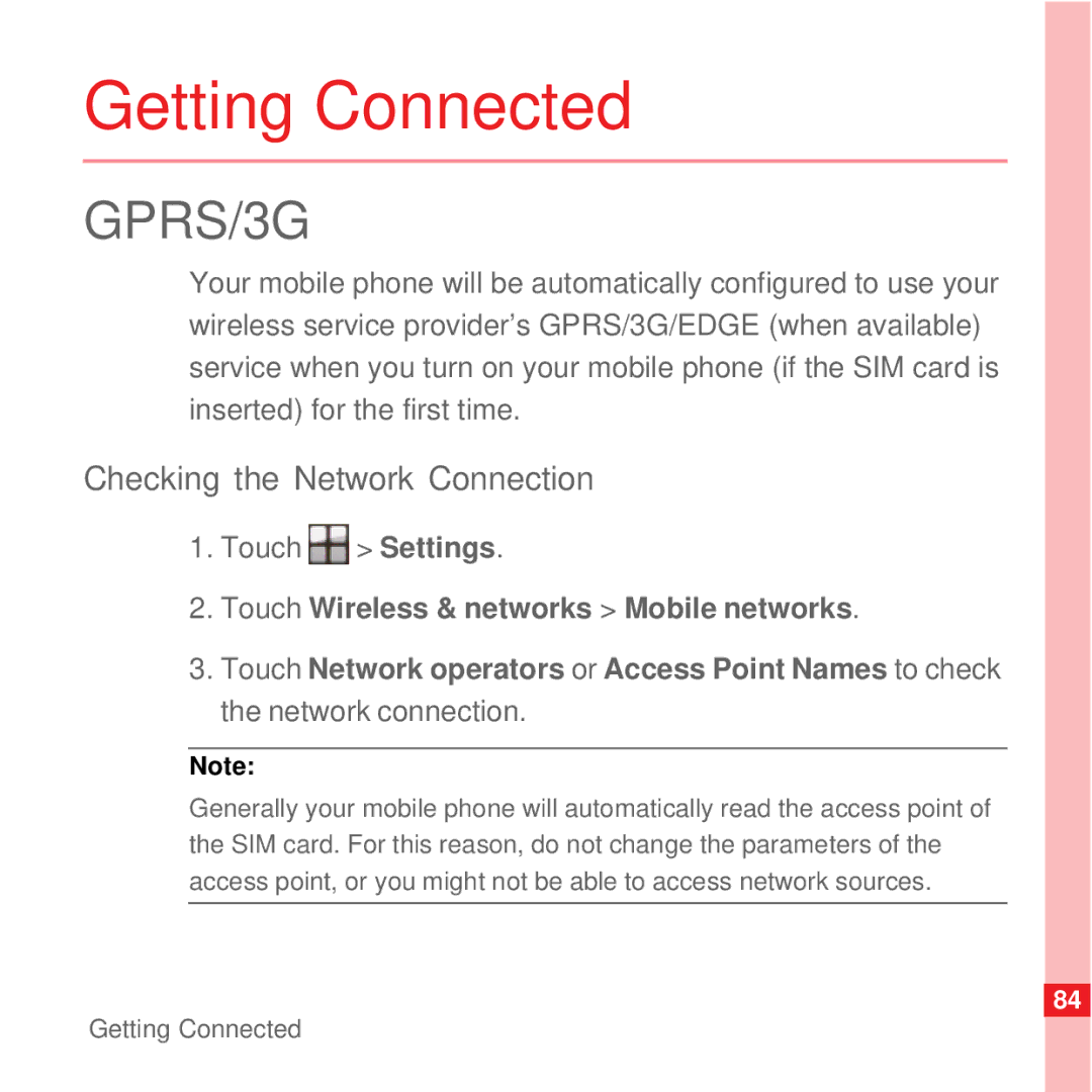 Huawei U8100 manual Getting Connected, Checking the Network Connection, Touch Settings 