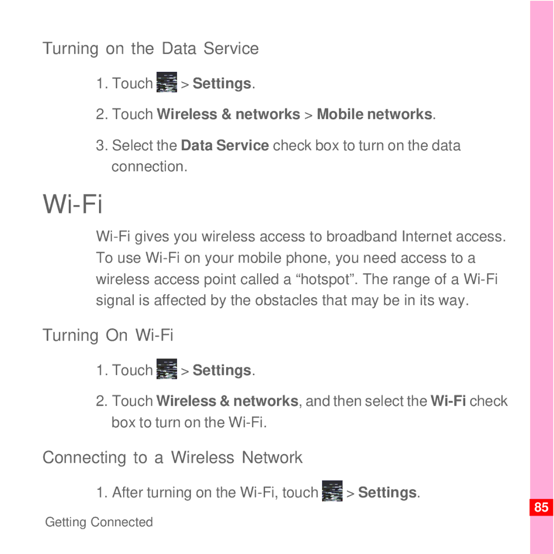 Huawei U8100 manual Turning on the Data Service, Turning On Wi-Fi, Connecting to a Wireless Network 