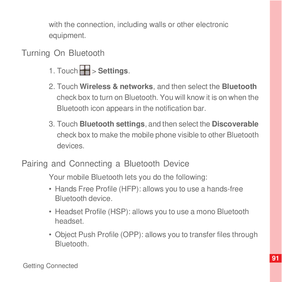 Huawei U8100 manual Turning On Bluetooth, Pairing and Connecting a Bluetooth Device 