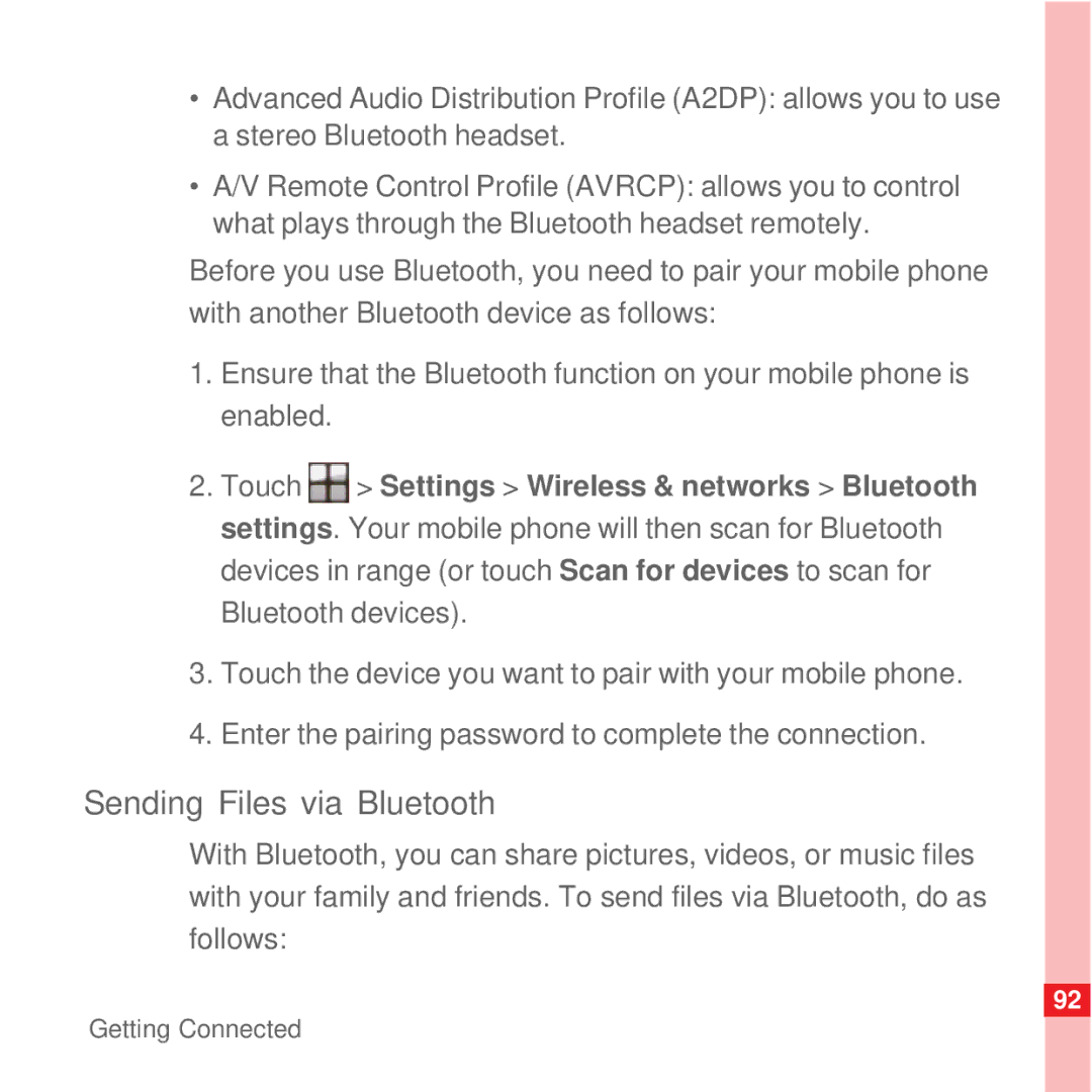 Huawei U8100 manual Sending Files via Bluetooth 