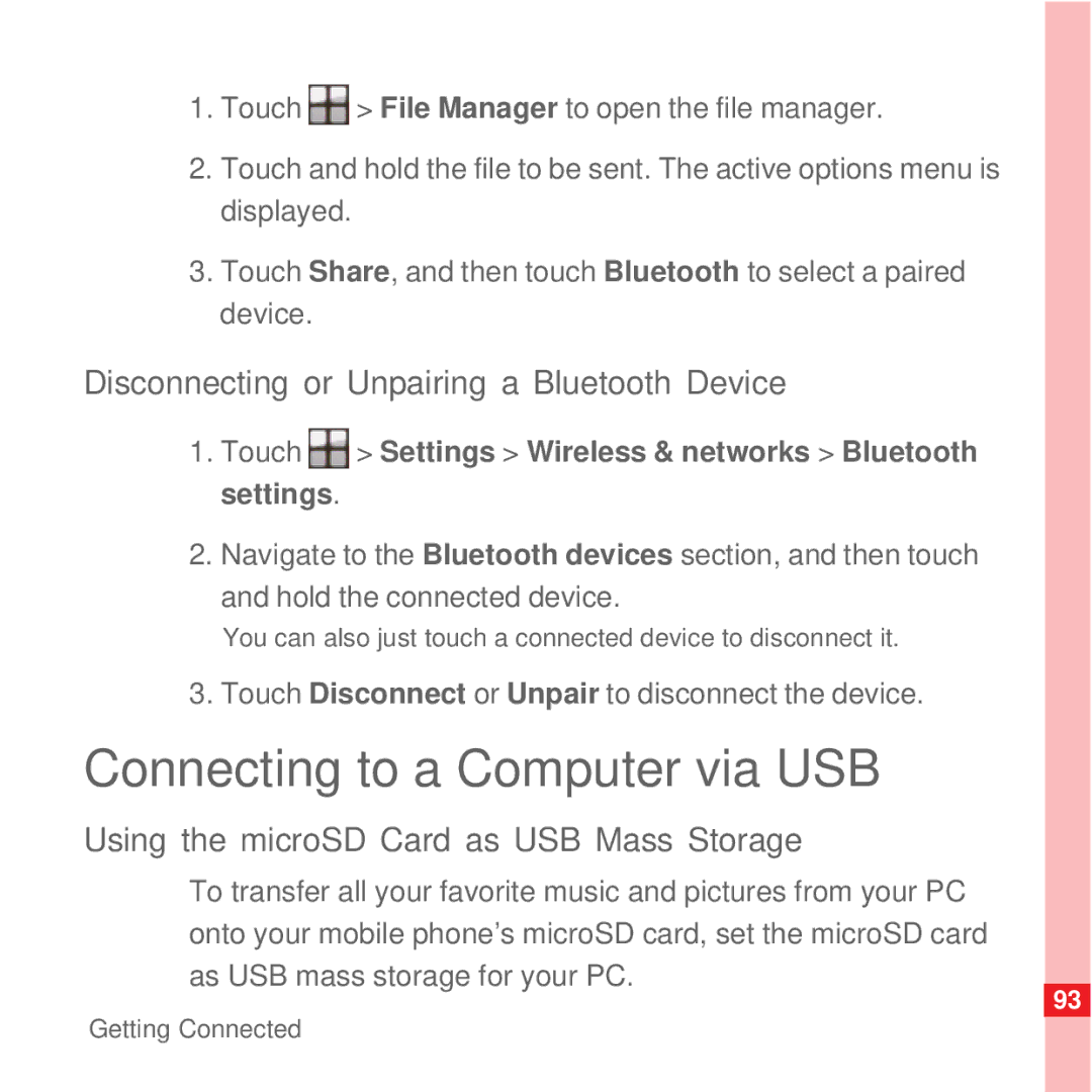 Huawei U8100 manual Connecting to a Computer via USB, Disconnecting or Unpairing a Bluetooth Device 