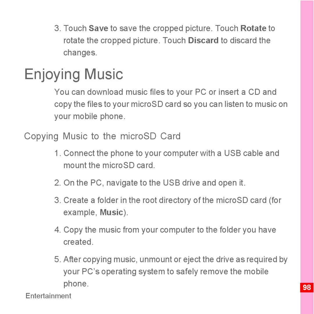 Huawei U8110 manual Enjoying Music, Copying Music to the microSD Card 