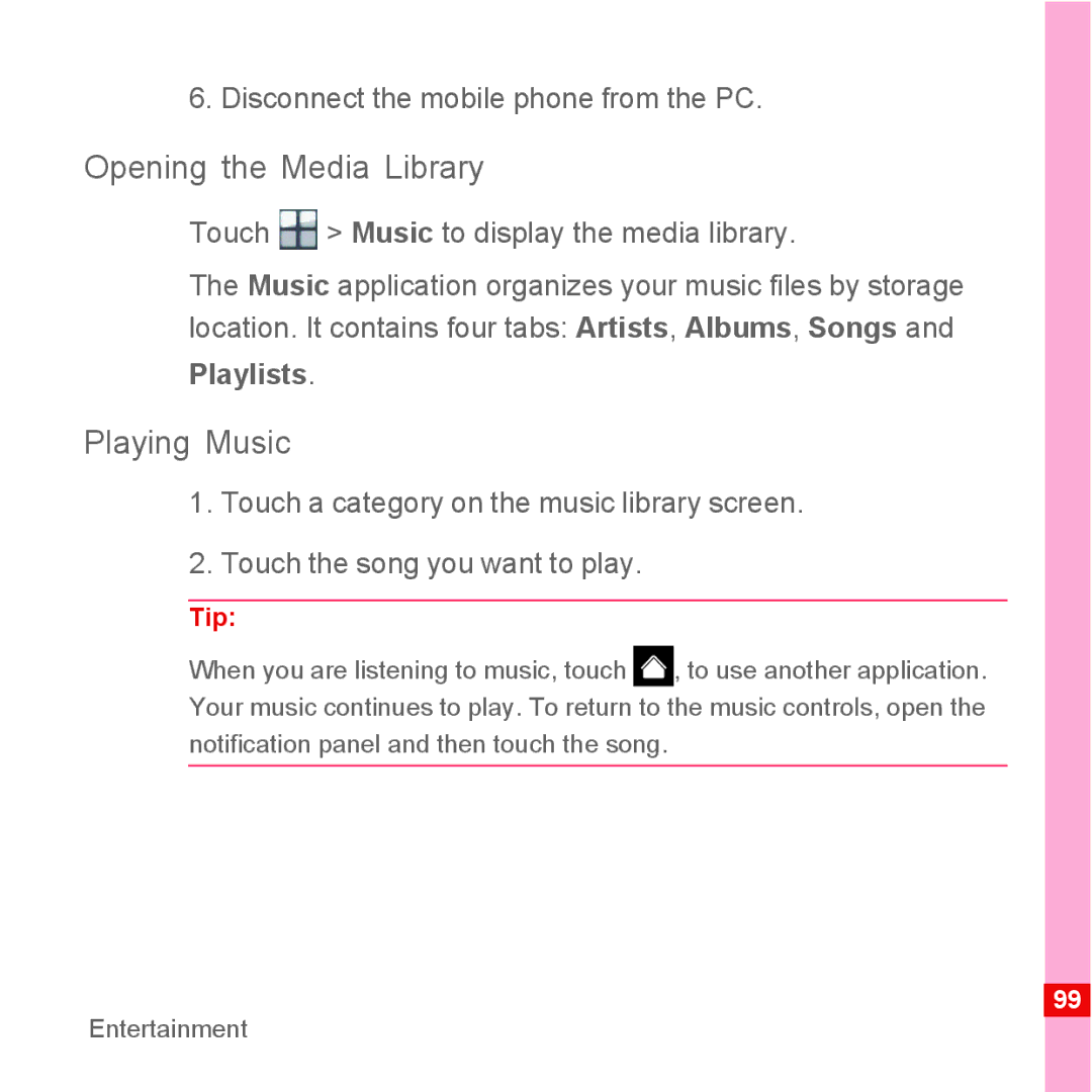 Huawei U8110 manual Opening the Media Library, Playing Music, Disconnect the mobile phone from the PC, Playlists 