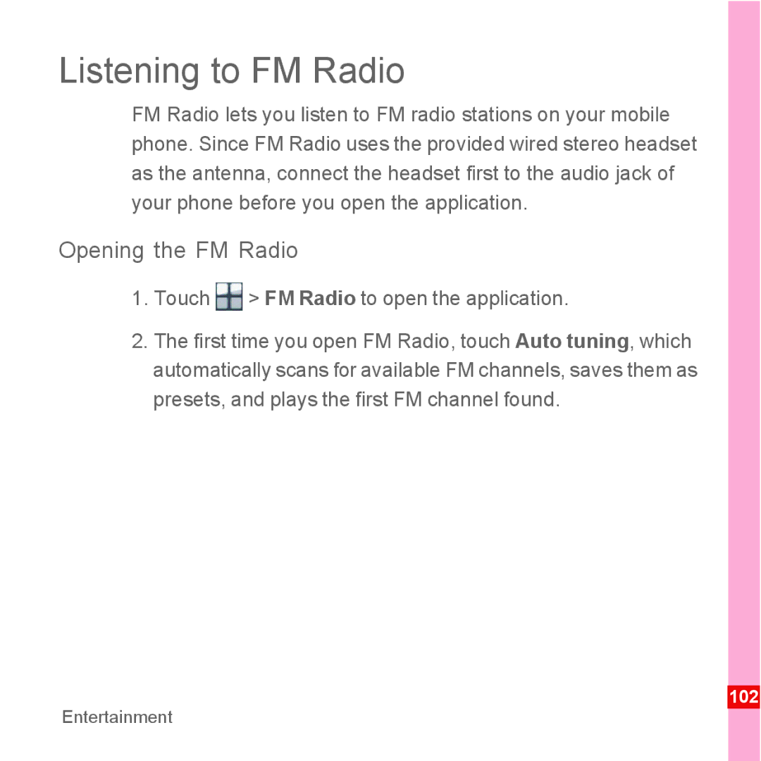 Huawei U8110 manual Listening to FM Radio, Opening the FM Radio, Touch FM Radio to open the application 