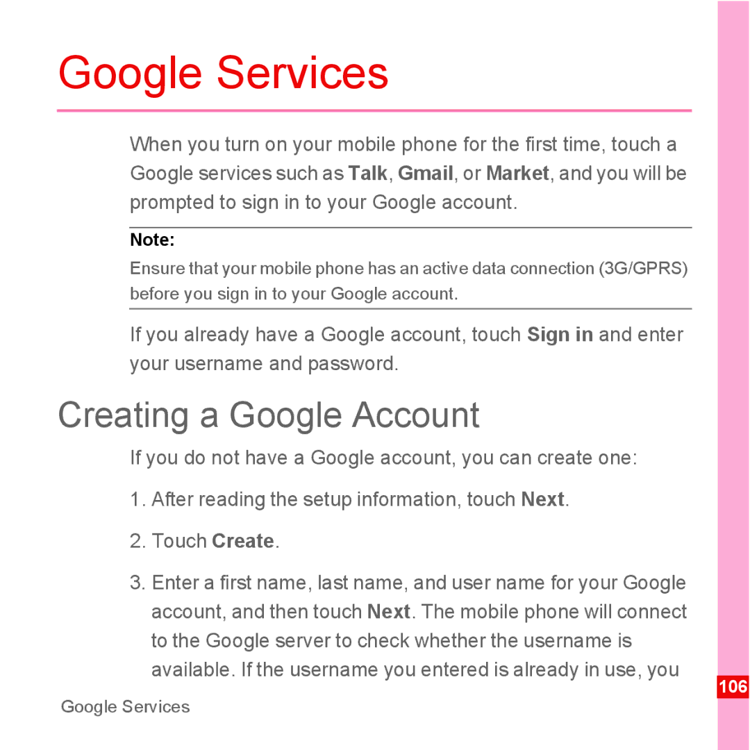 Huawei U8110 manual Google Services, Creating a Google Account 