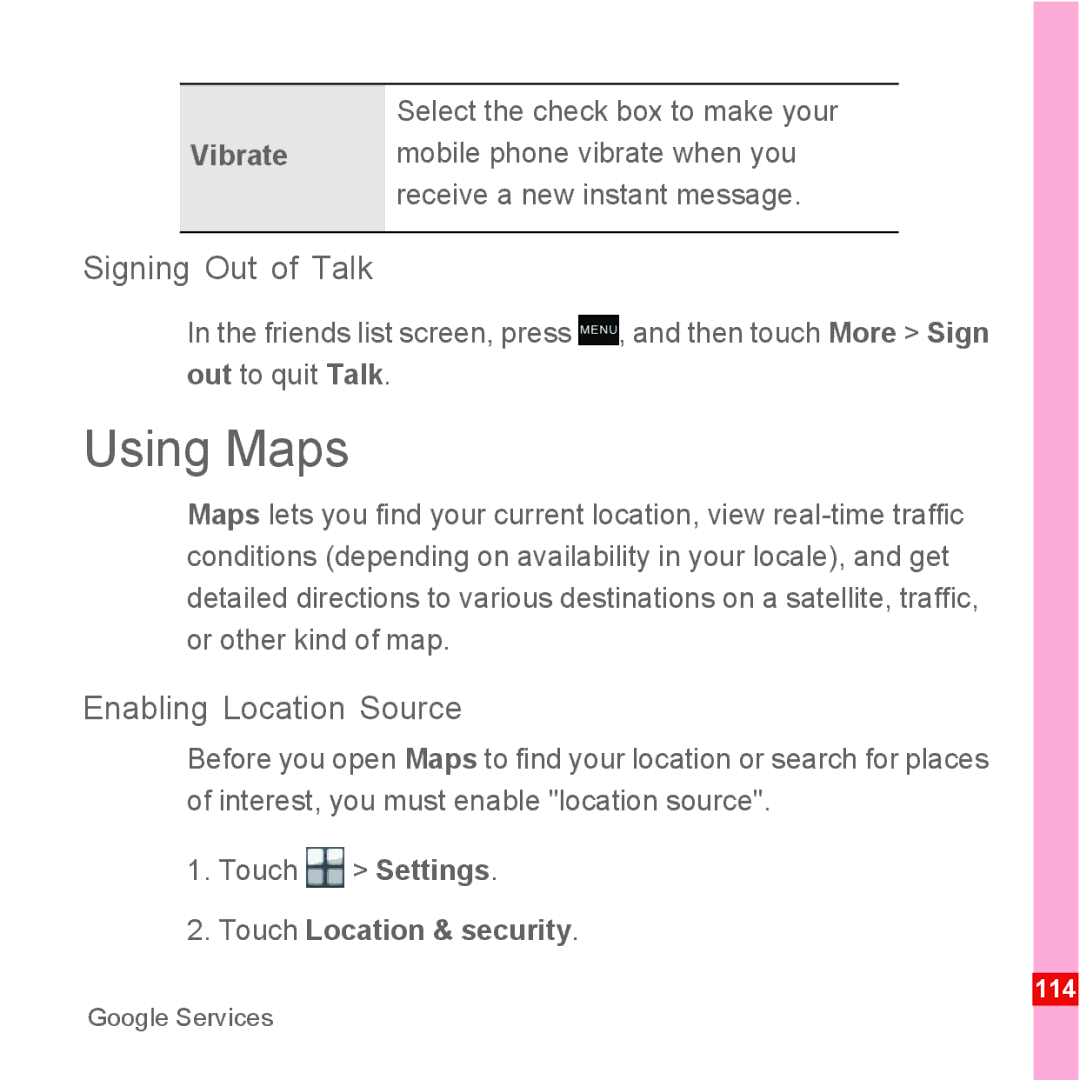 Huawei U8110 manual Using Maps, Signing Out of Talk, Enabling Location Source, Touch Location & security 