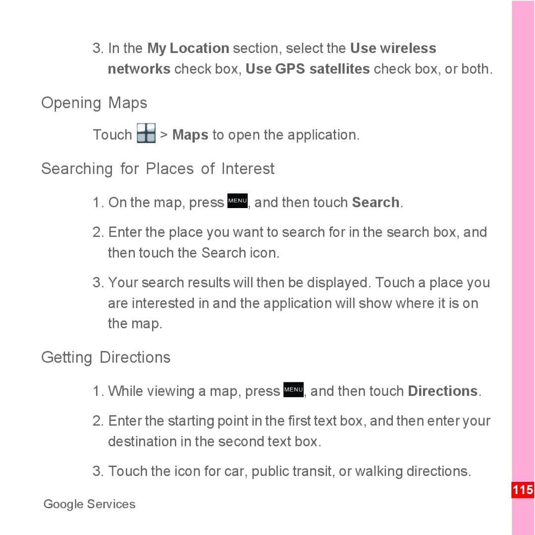 Huawei U8110 manual Opening Maps, Searching for Places of Interest, Getting Directions 