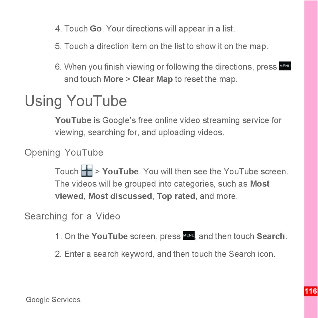 Huawei U8110 Using YouTube, Opening YouTube, Searching for a Video, Enter a search keyword, and then touch the Search icon 