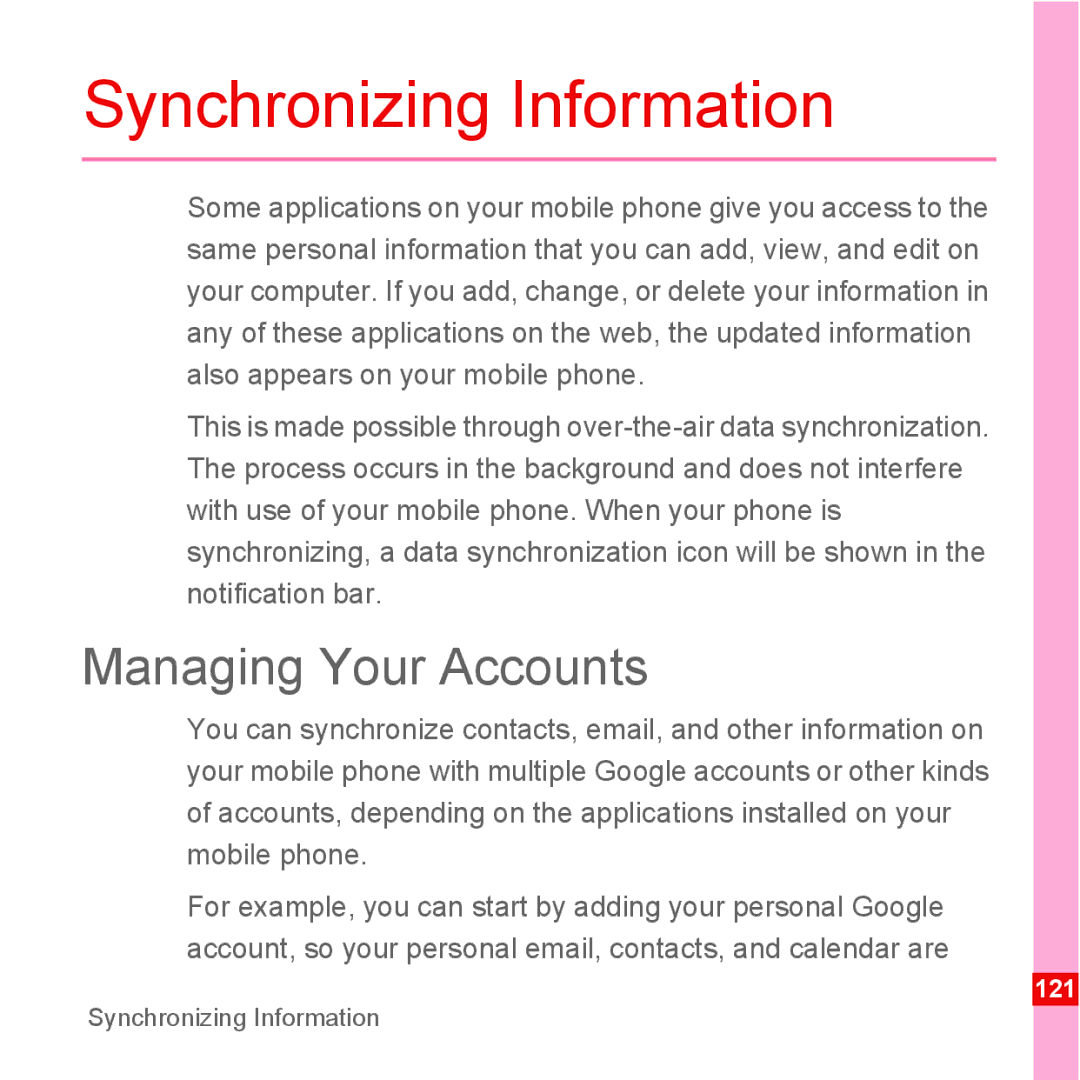 Huawei U8110 manual Synchronizing Information, Managing Your Accounts 