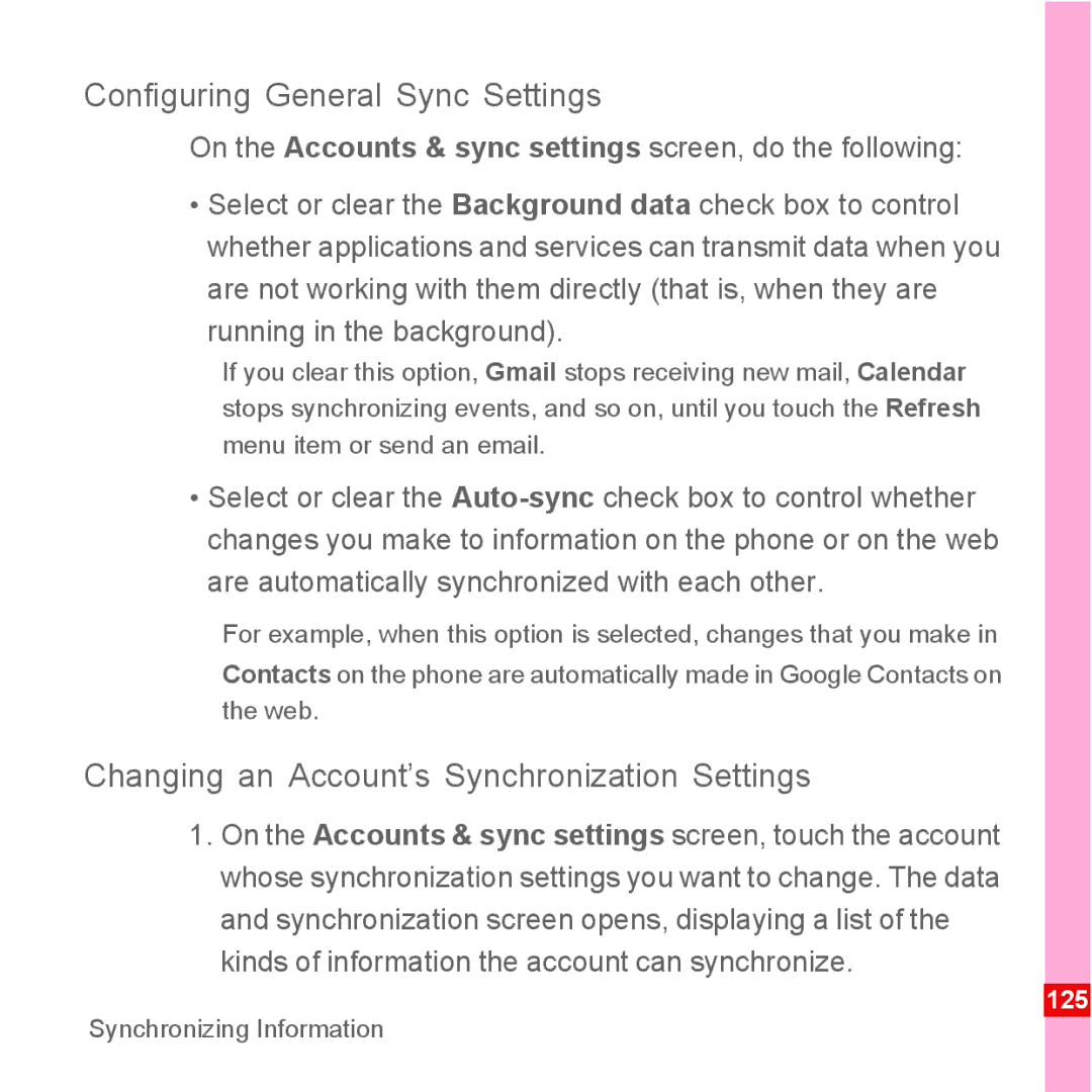 Huawei U8110 manual Configuring General Sync Settings, Changing an Account’s Synchronization Settings 