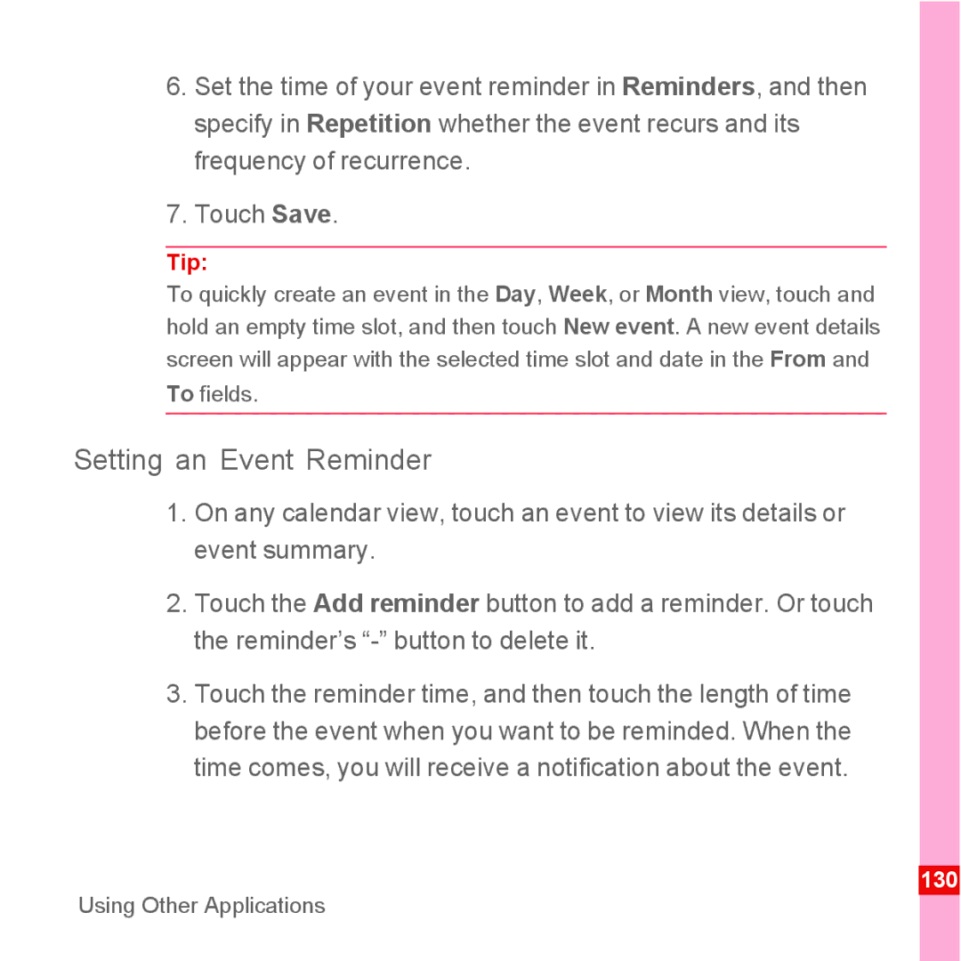 Huawei U8110 manual Setting an Event Reminder 