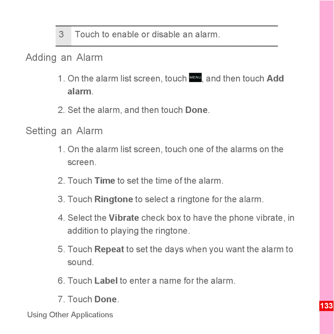 Huawei U8110 manual Adding an Alarm, Setting an Alarm, Touch to enable or disable an alarm 