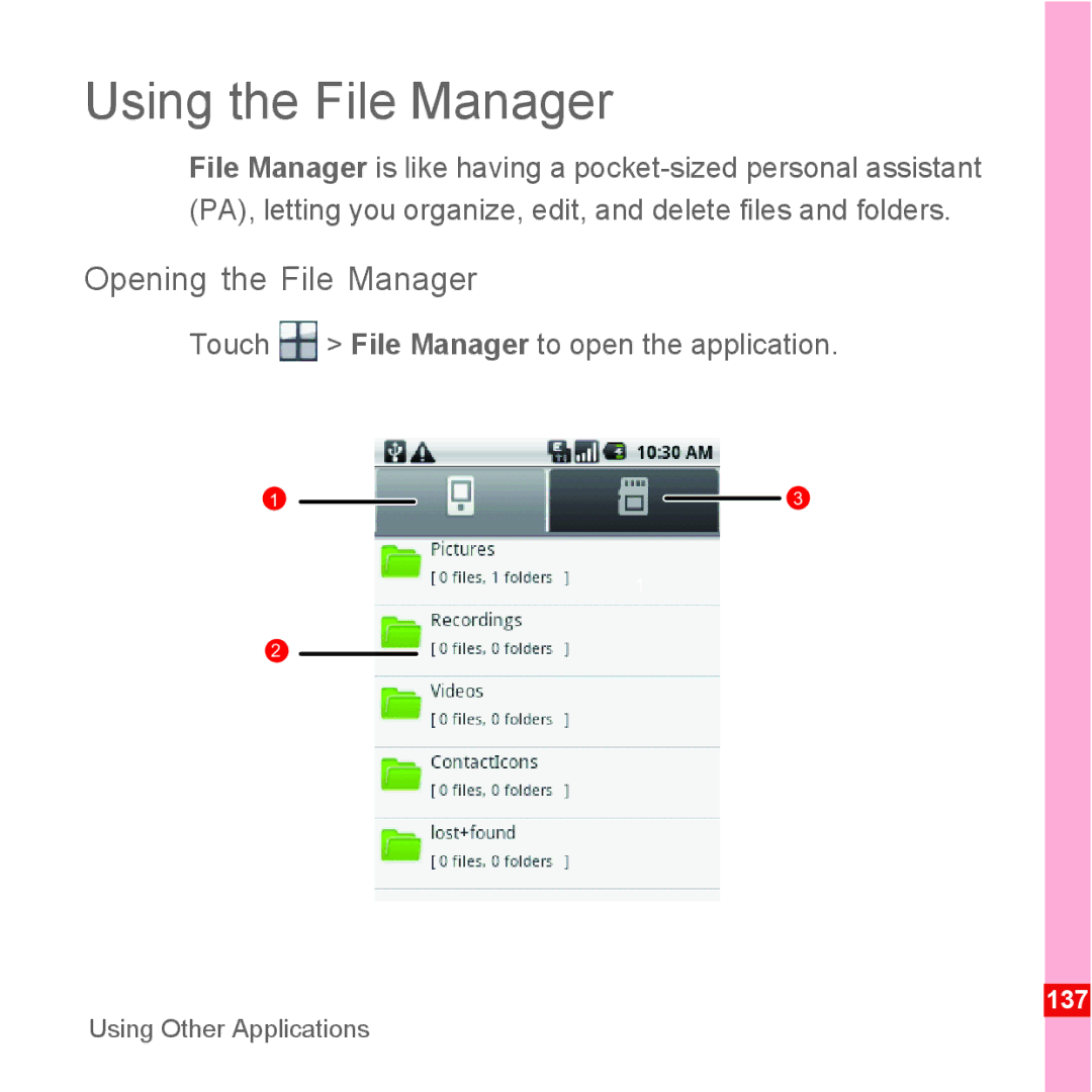 Huawei U8110 manual Using the File Manager, Opening the File Manager, Touch File Manager to open the application 