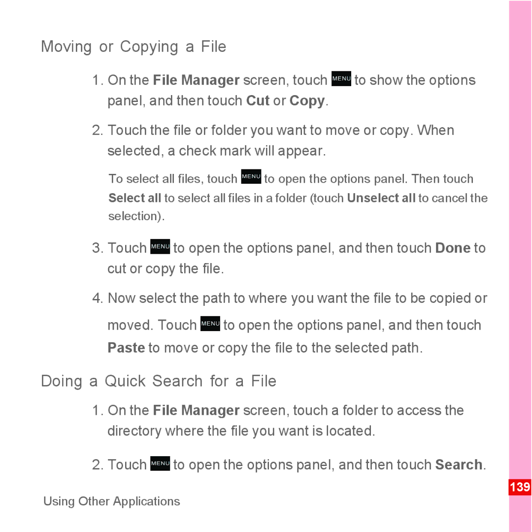 Huawei U8110 manual Moving or Copying a File, Doing a Quick Search for a File 