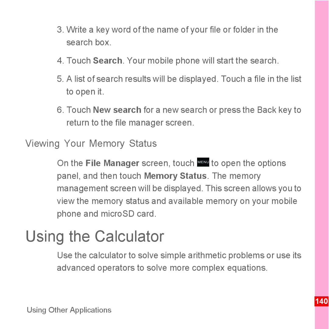 Huawei U8110 manual Using the Calculator, Viewing Your Memory Status 