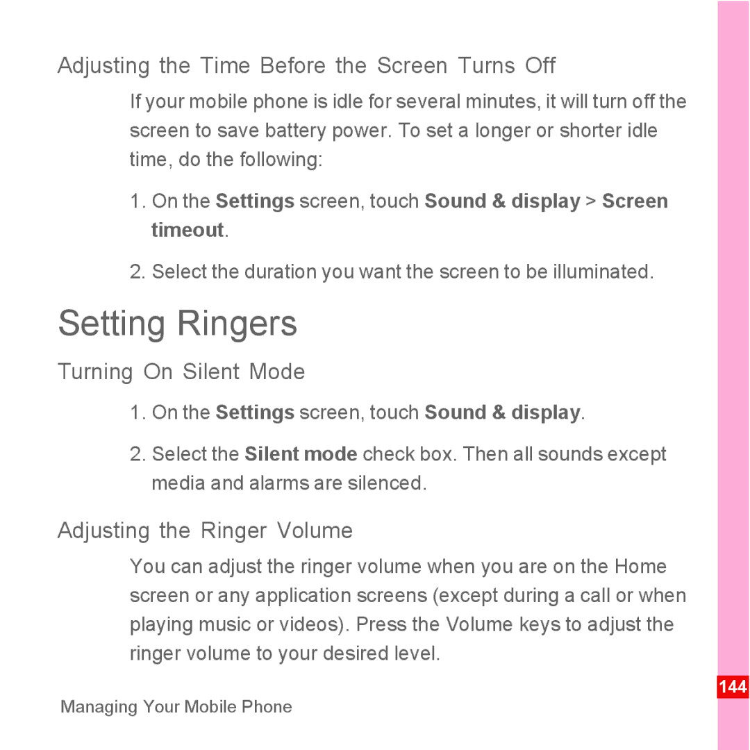 Huawei U8110 manual Setting Ringers, Adjusting the Time Before the Screen Turns Off, Turning On Silent Mode 