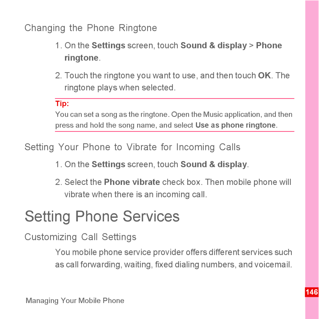 Huawei U8110 manual Setting Phone Services, Changing the Phone Ringtone, Setting Your Phone to Vibrate for Incoming Calls 