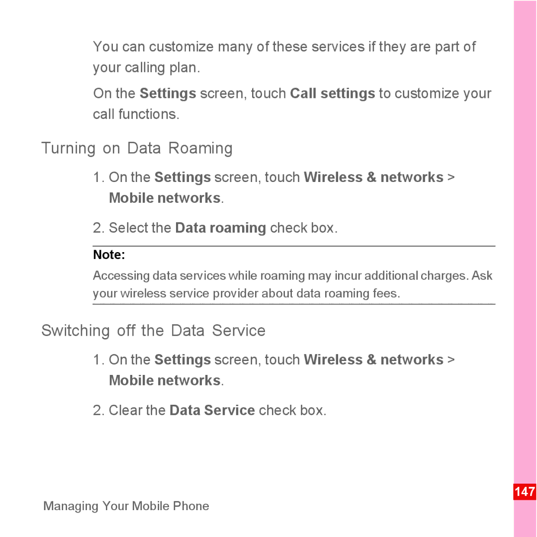 Huawei U8110 manual Turning on Data Roaming, Switching off the Data Service 