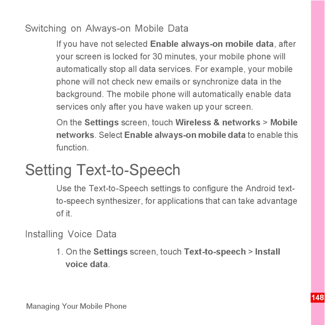 Huawei U8110 manual Setting Text-to-Speech, Switching on Always-on Mobile Data, Installing Voice Data 