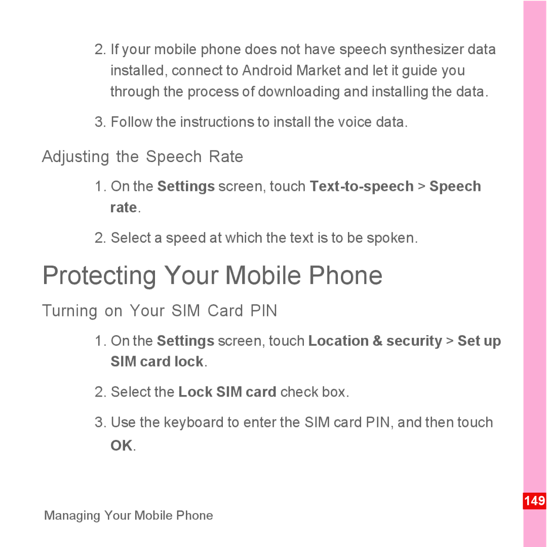 Huawei U8110 manual Protecting Your Mobile Phone, Adjusting the Speech Rate, Turning on Your SIM Card PIN 