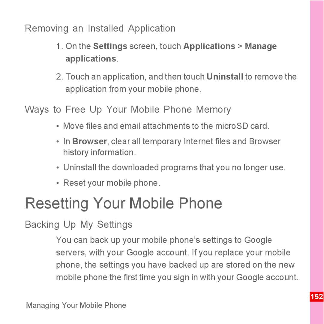 Huawei U8110 Resetting Your Mobile Phone, Removing an Installed Application, Ways to Free Up Your Mobile Phone Memory 