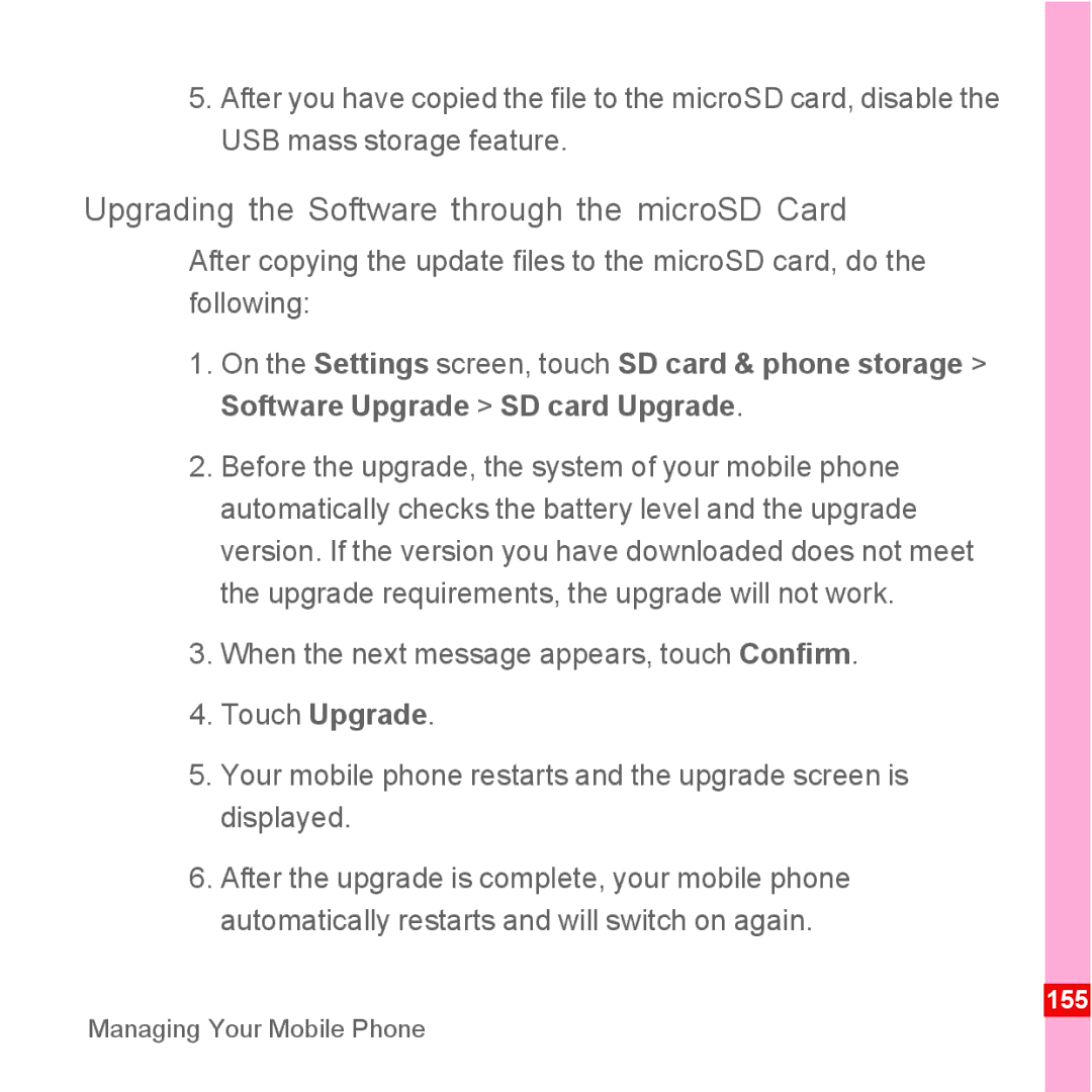 Huawei U8110 manual Upgrading the Software through the microSD Card 