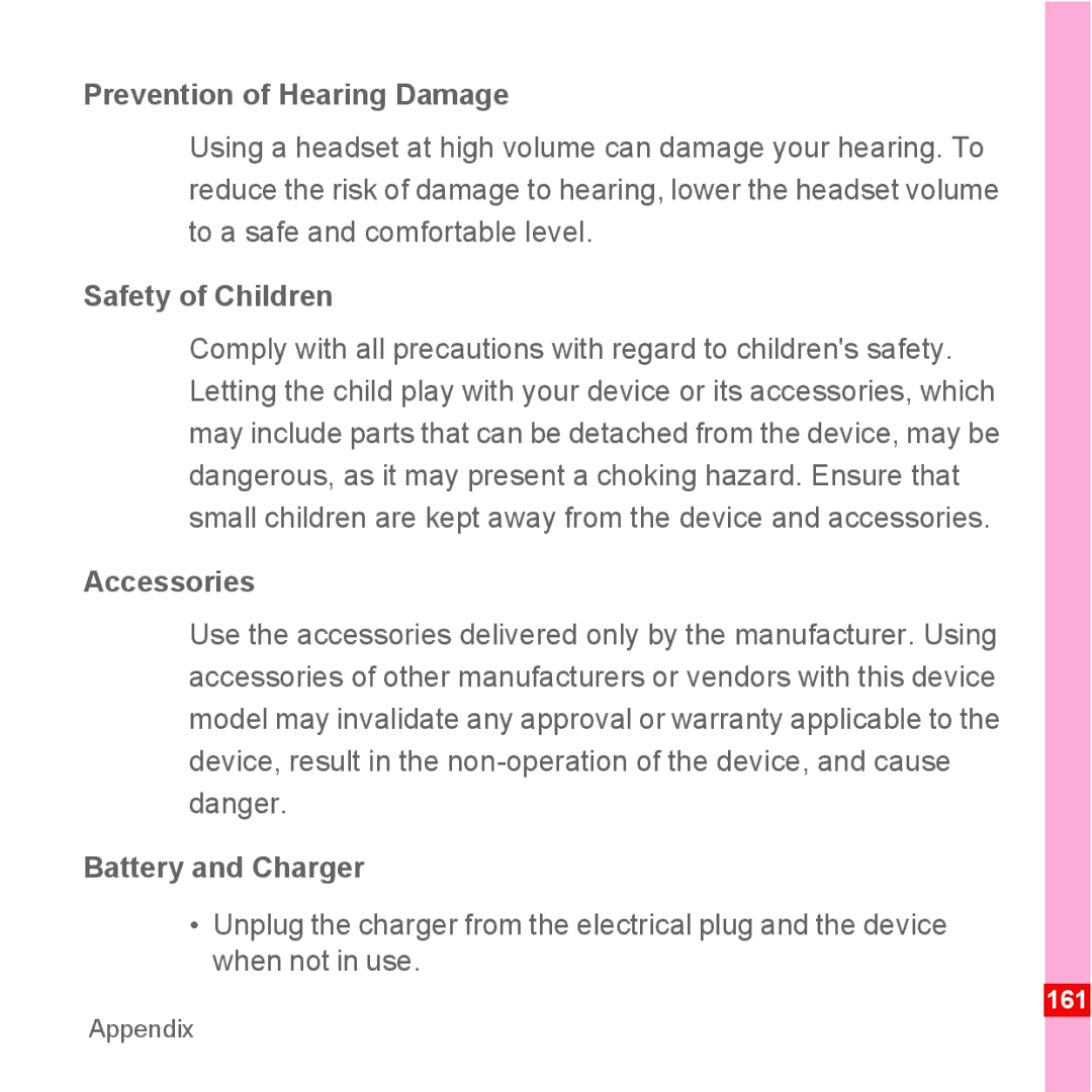 Huawei U8110 manual Prevention of Hearing Damage, Safety of Children, Accessories, Battery and Charger 