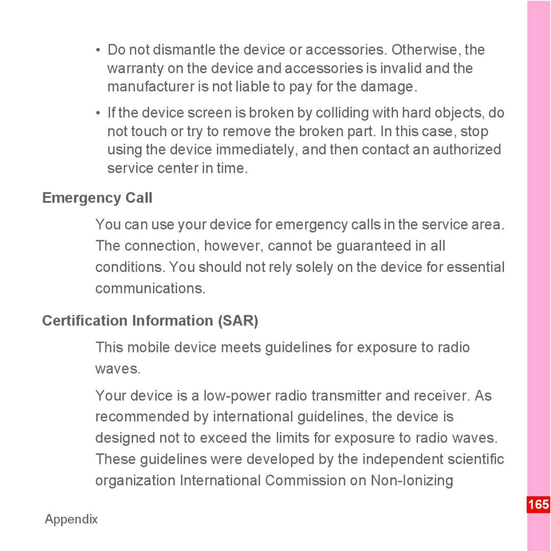 Huawei U8110 manual Emergency Call, Certification Information SAR 