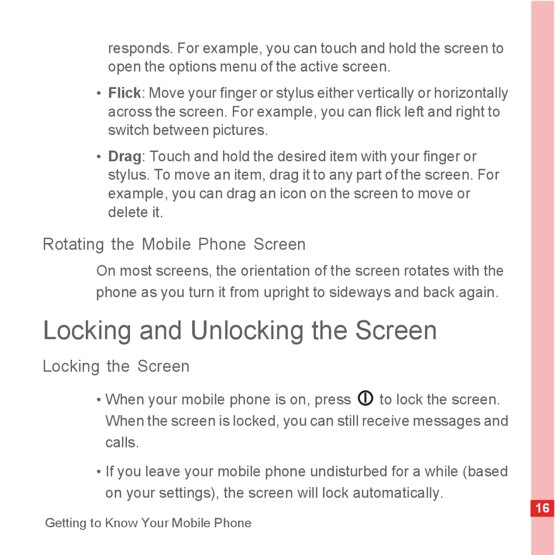 Huawei U8110 manual Locking and Unlocking the Screen, Rotating the Mobile Phone Screen, Locking the Screen 