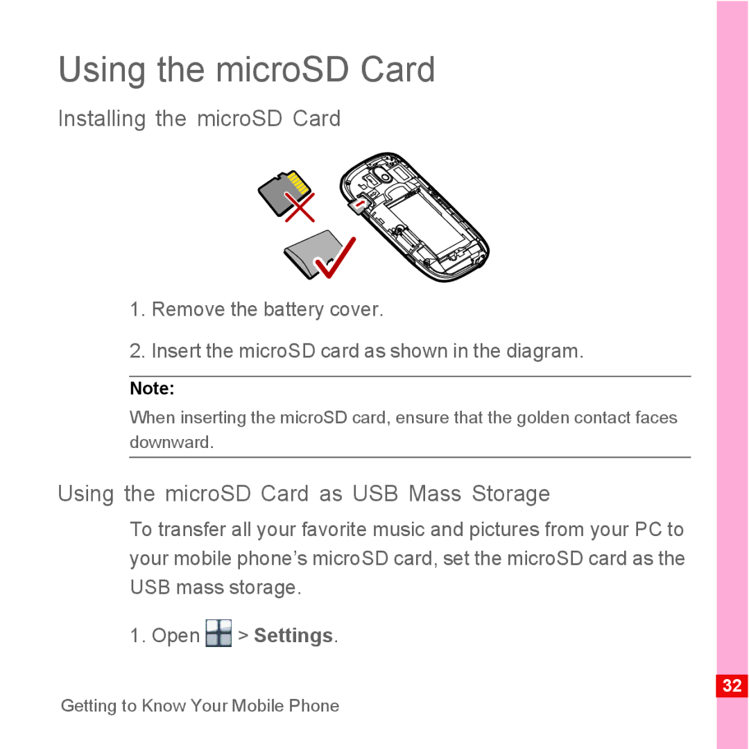 Huawei U8110 manual Installing the microSD Card, Using the microSD Card as USB Mass Storage 