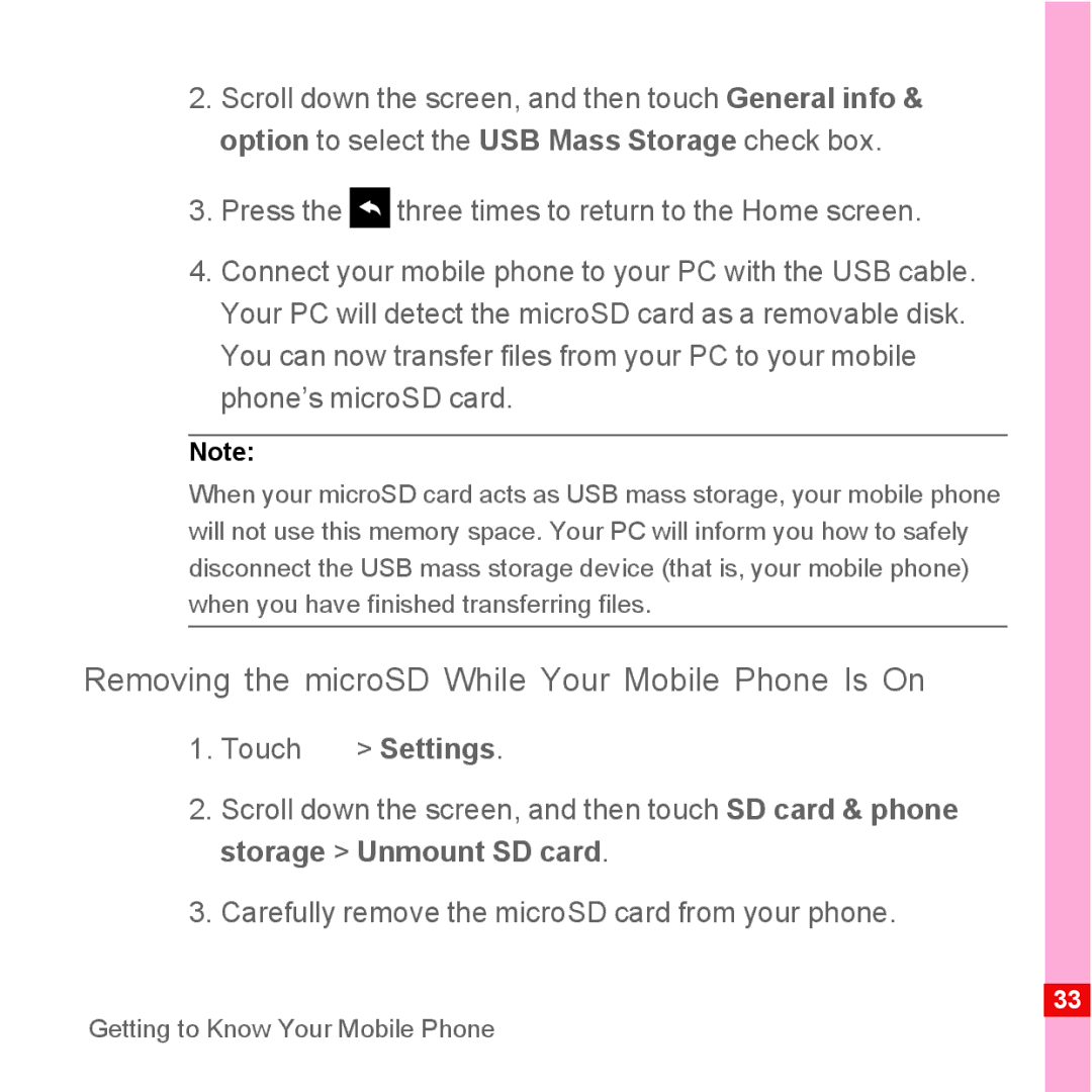 Huawei U8110 manual Removing the microSD While Your Mobile Phone Is On 