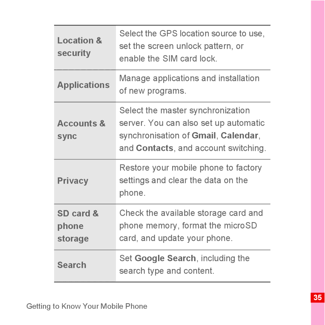 Huawei U8110 manual Location, Security, Applications, Accounts, Sync, Privacy, SD card, Phone, Storage, Search 