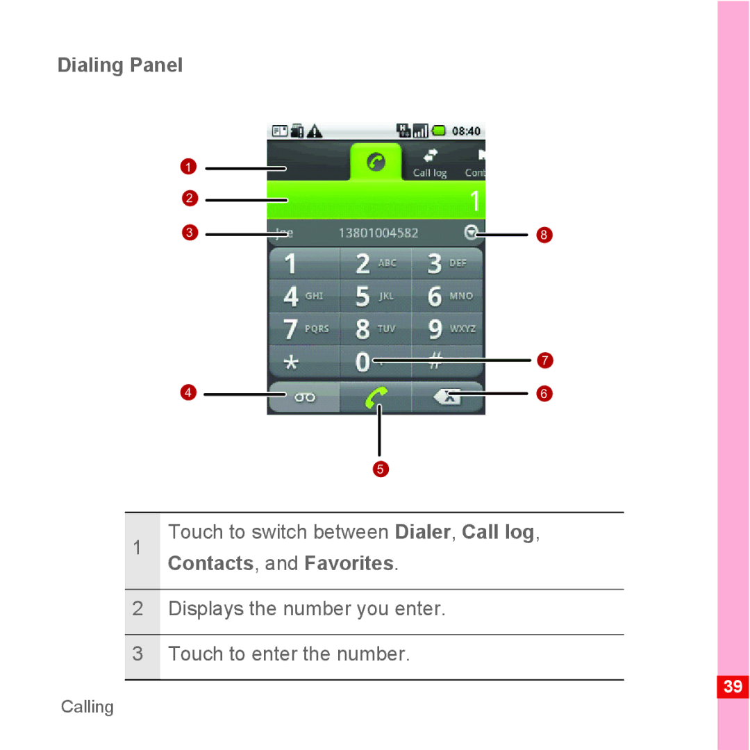 Huawei U8110 manual Dialing Panel, Touch to switch between Dialer, Call log, Contacts, and Favorites 