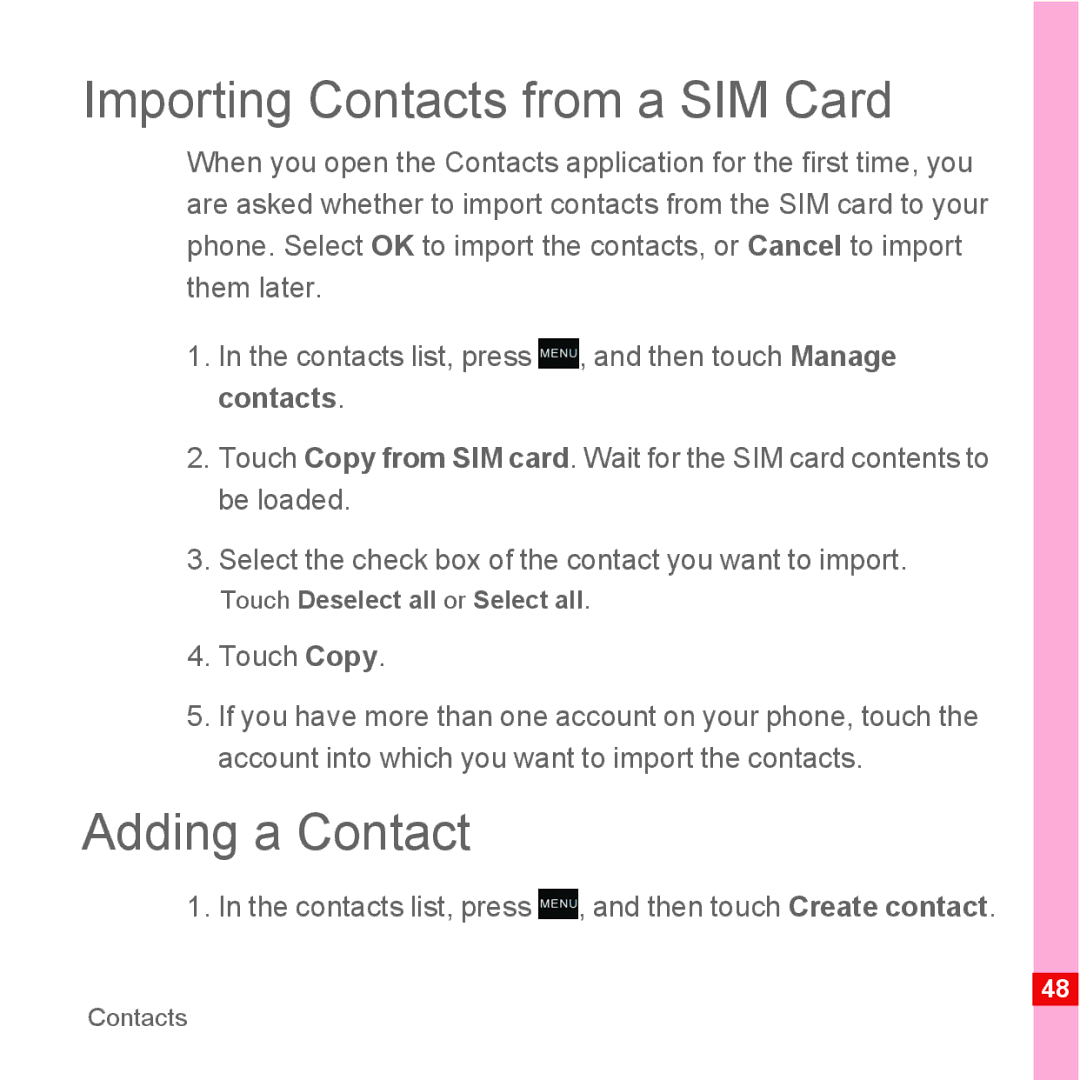 Huawei U8110 manual Importing Contacts from a SIM Card, Adding a Contact 