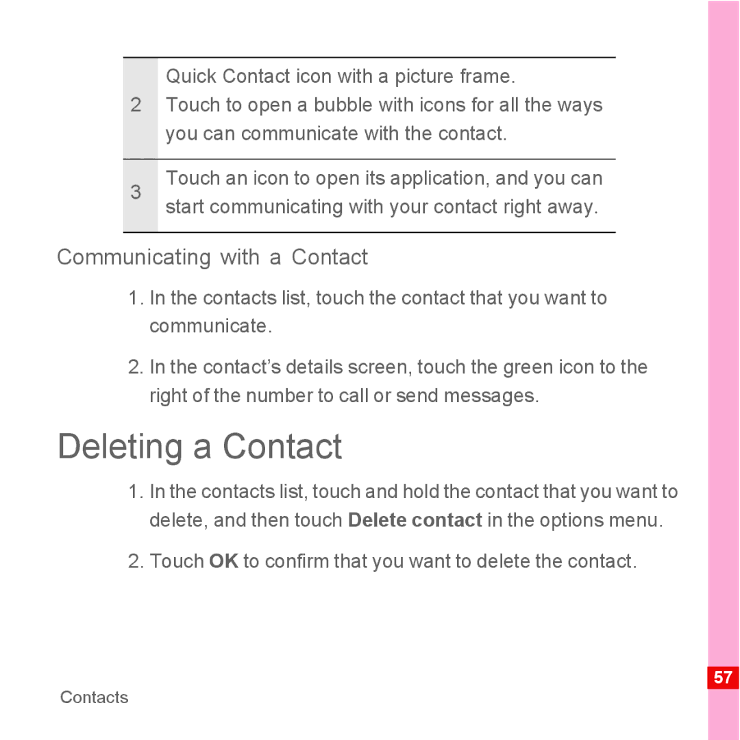 Huawei U8110 Deleting a Contact, Communicating with a Contact, Touch OK to confirm that you want to delete the contact 