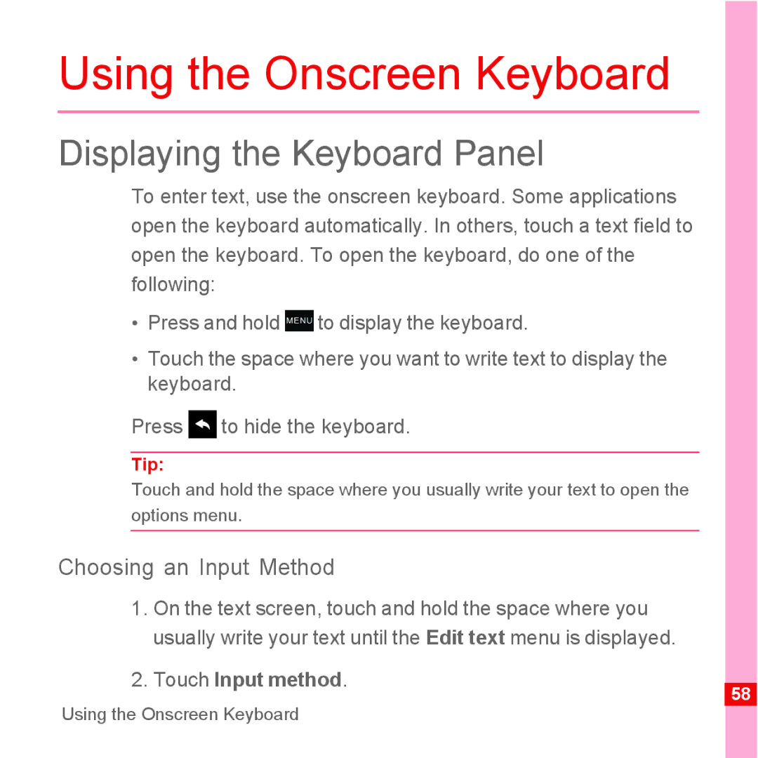 Huawei U8110 Using the Onscreen Keyboard, Displaying the Keyboard Panel, Choosing an Input Method, Touch Input method 