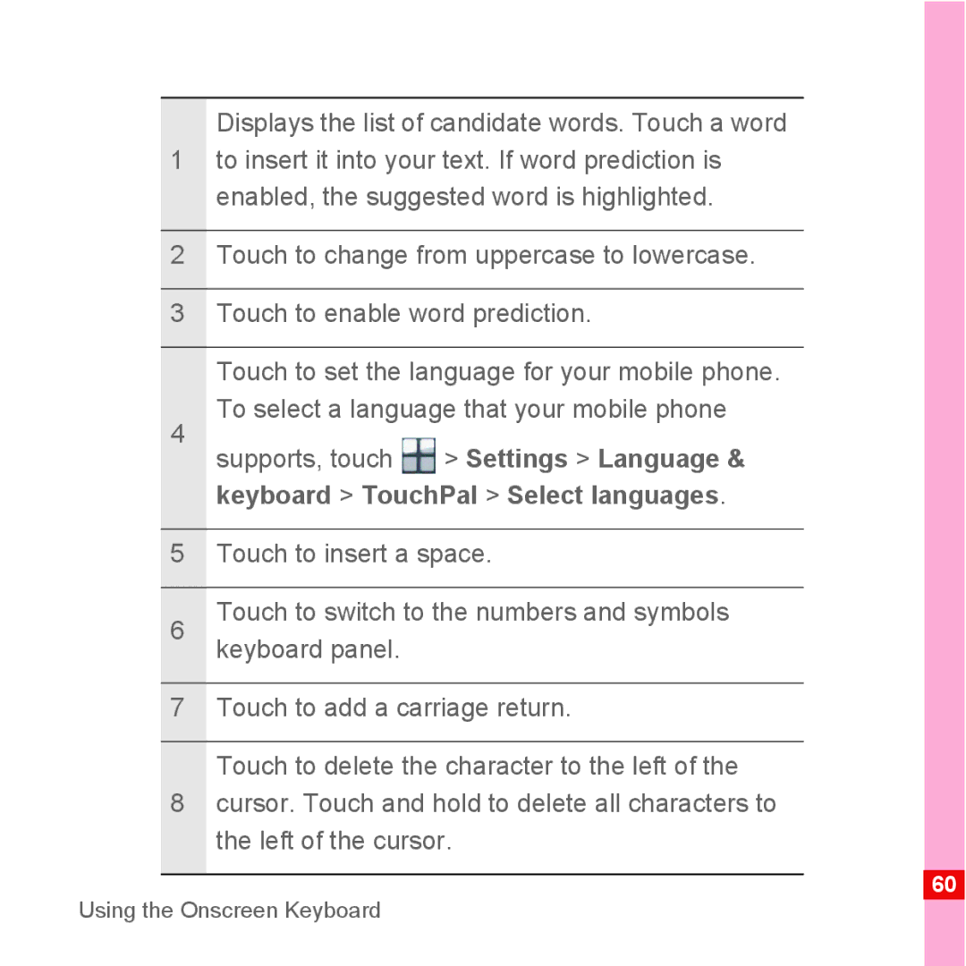 Huawei U8110 manual Displays the list of candidate words. Touch a word 