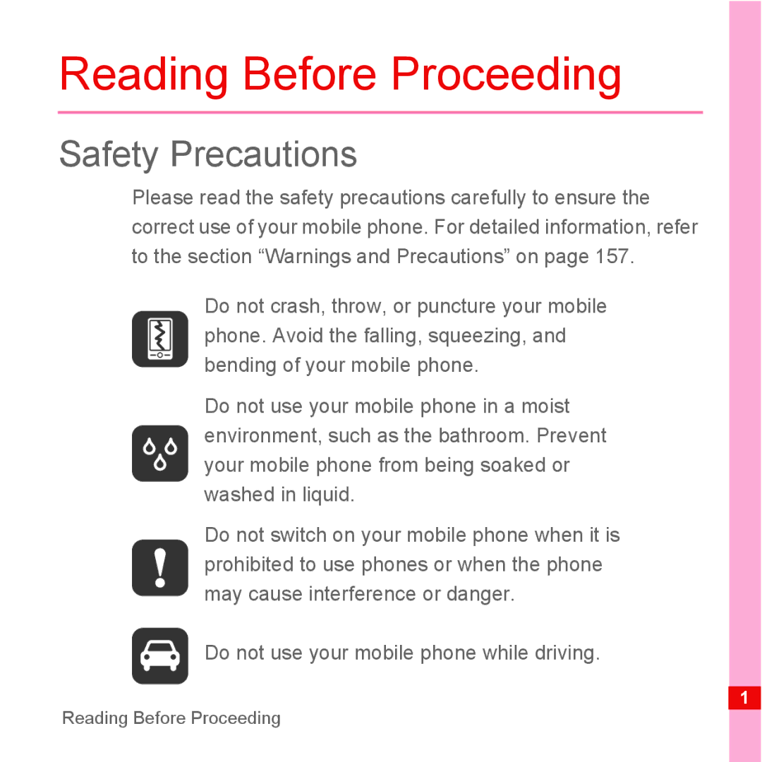 Huawei U8110 manual Reading Before Proceeding, Safety Precautions 