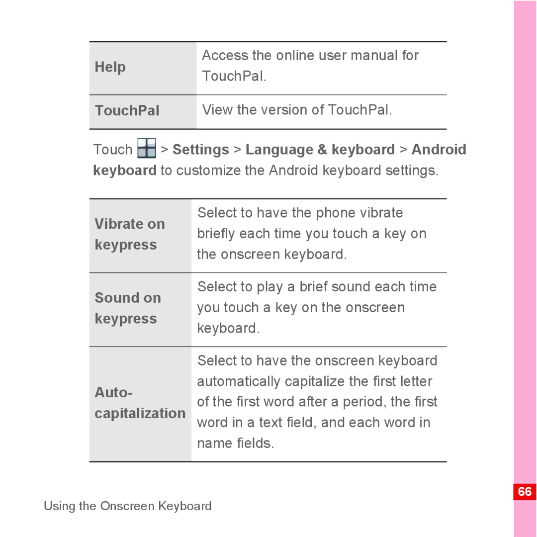 Huawei U8110 manual Help TouchPal TouchPal View the version of TouchPal, Vibrate on, Keypress, Sound on 