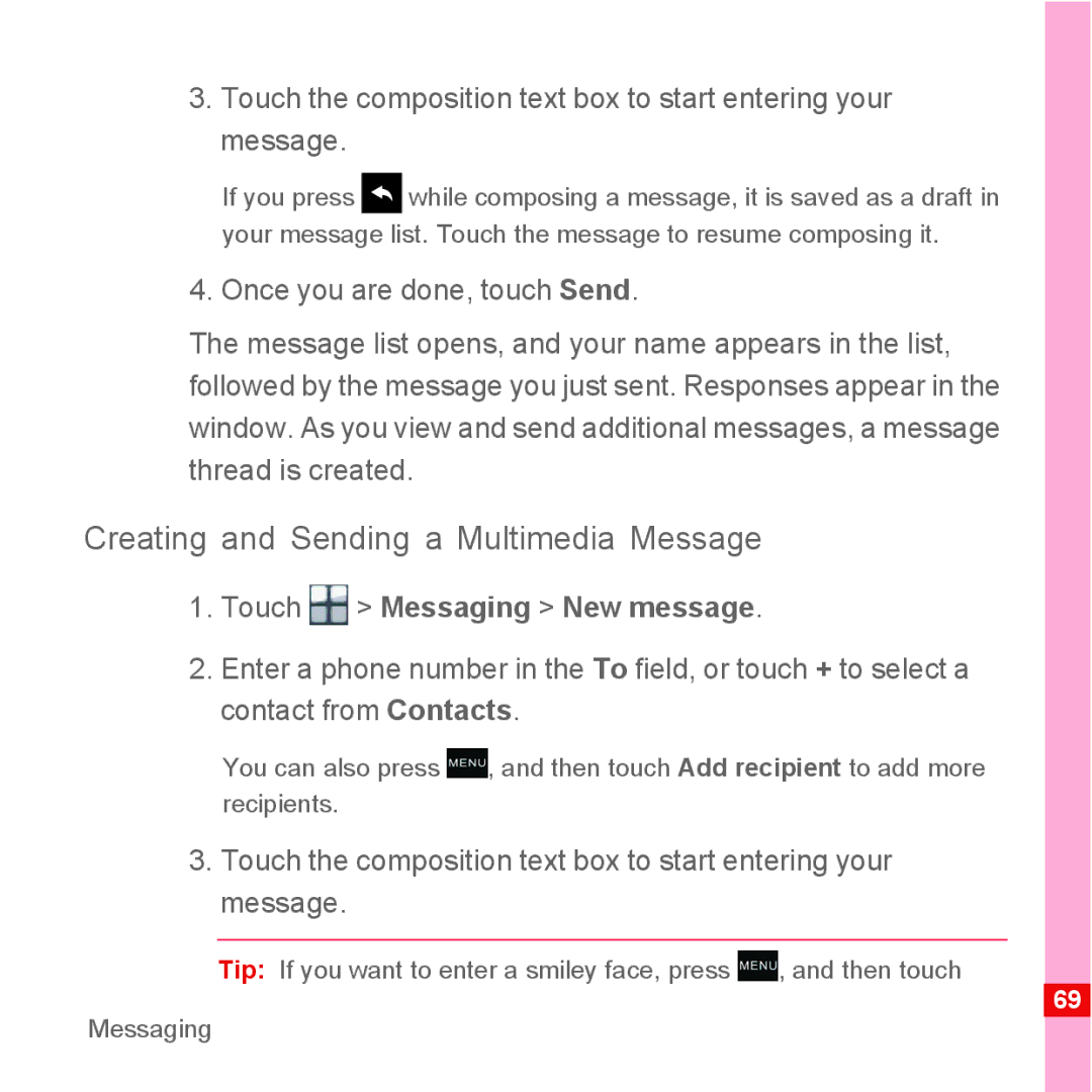 Huawei U8110 manual Creating and Sending a Multimedia Message 